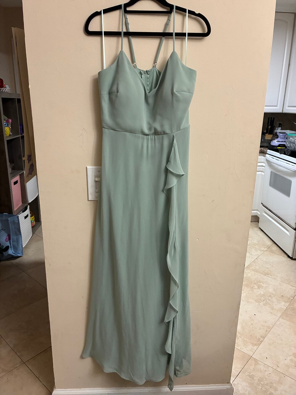 Birdy Grey Sage Green Ruffle Maxi Bridesmaid Dress Size S Spaghetti Straps